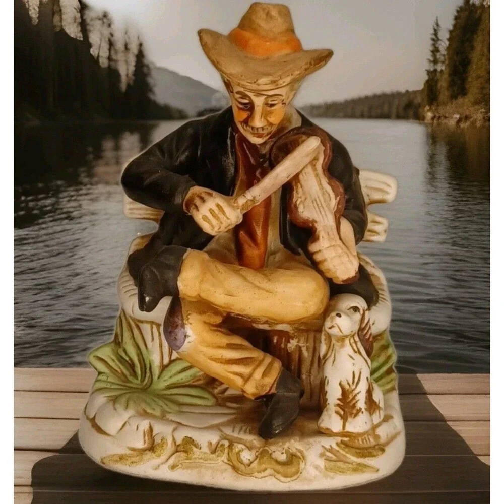 Vtg Norleans Japan Figurine Man on Bench Playing Fiddle with Dog 7.5